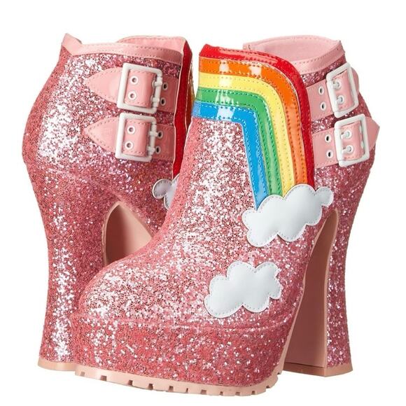 NWT Ellie Shoes Women's CHERUB Platform Bootie Heel Pink Sparkly Rainbow Rave 7M